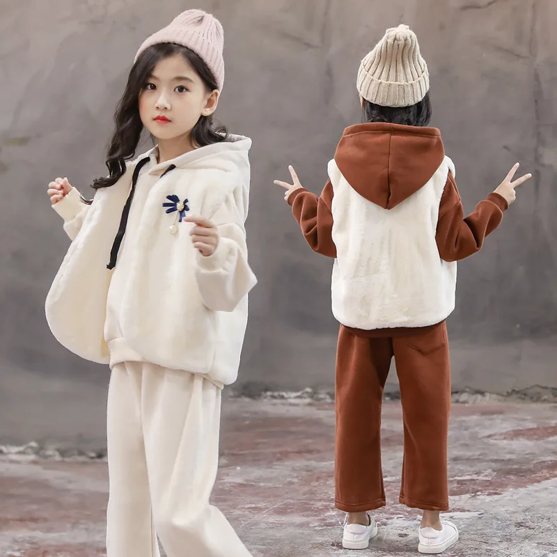 

Girls Three-Piece 2018 Autumn/Winter New Big Children Korean Version of The Rabbit Fur Vest Hooded Sweater + Wide Leg Pants Suit
