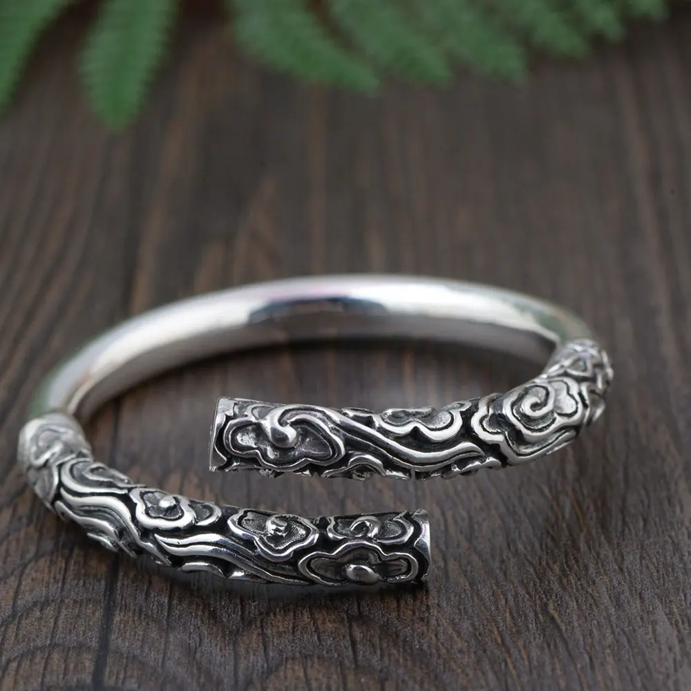 

FNJ 925 Silver Bangle Fashion 8mm Thickness Vintage Open Size Diameter 58mm 100% S925 Sterling Silver Bangles for Men Jewelry