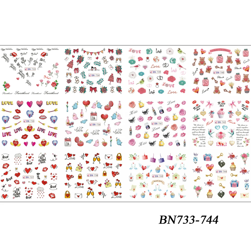 12 видов конструкций стикер для дизайна ногтей на День святого Валентина переводная наклейка Смешанная Роза сердце любовь письмо для ногтей тату инструмент TRBN733-744