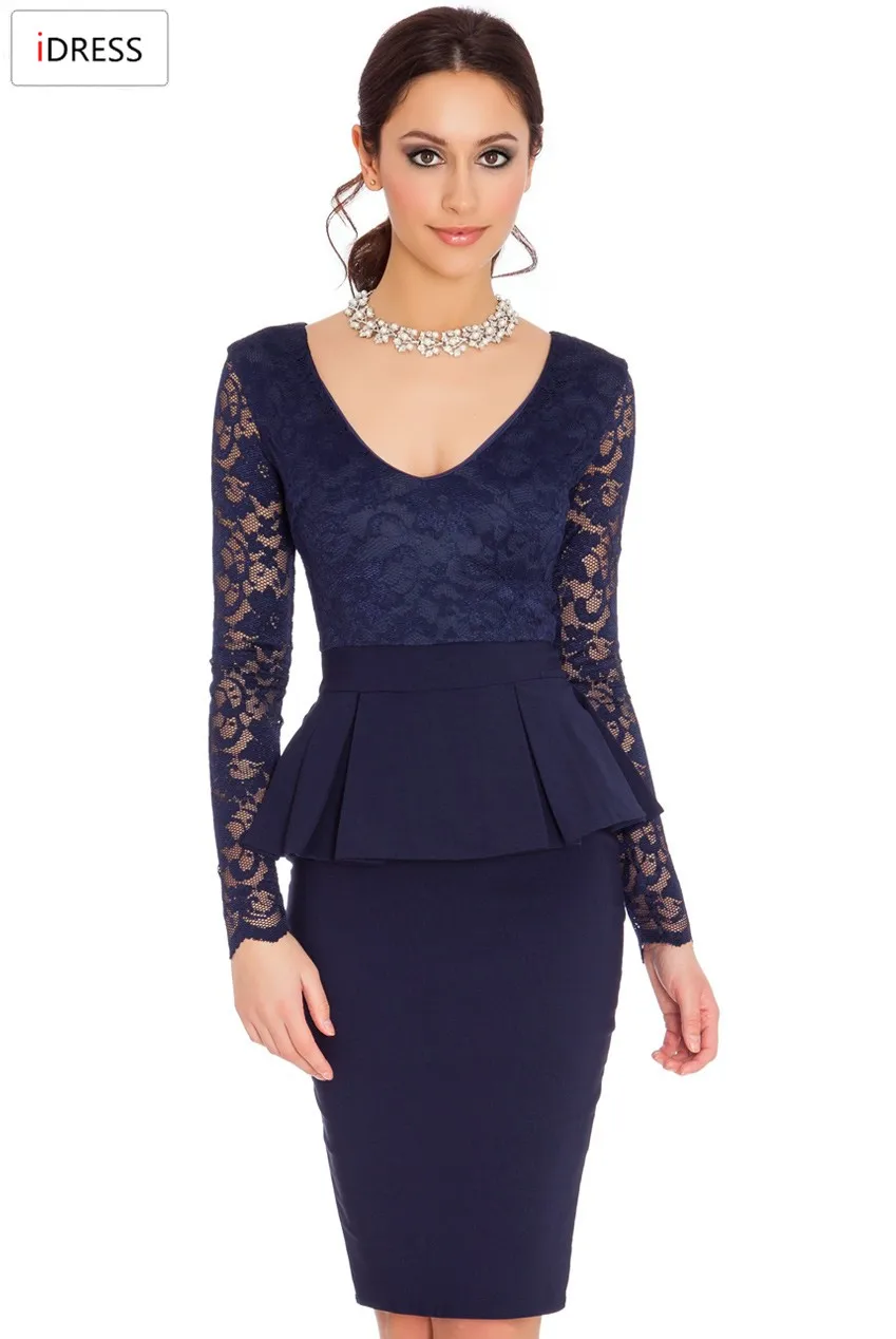 IDress Women Work Dresses 2016 New Fashion for the Office Sexy Elegant Long Sleeve Lace Knee Length Peplum Bodycon Office Dress (11)