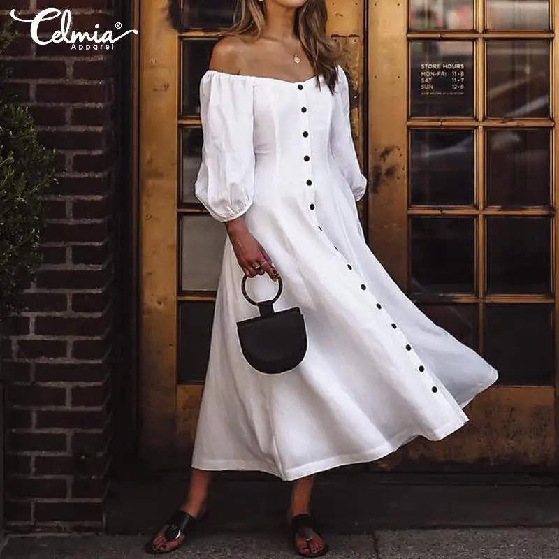 

Elegant Women White Long Party Dress Celmia 2019 Summer Sexy Off Shoulder Buttons Maxi Dress Casual Pleated Vestidos Mujer S-5XL