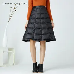 2017 зима утка вниз юбка Женская высокая талия черный по колено юбки утолщаются теплый плюс размер линия плед Jupe женский низ