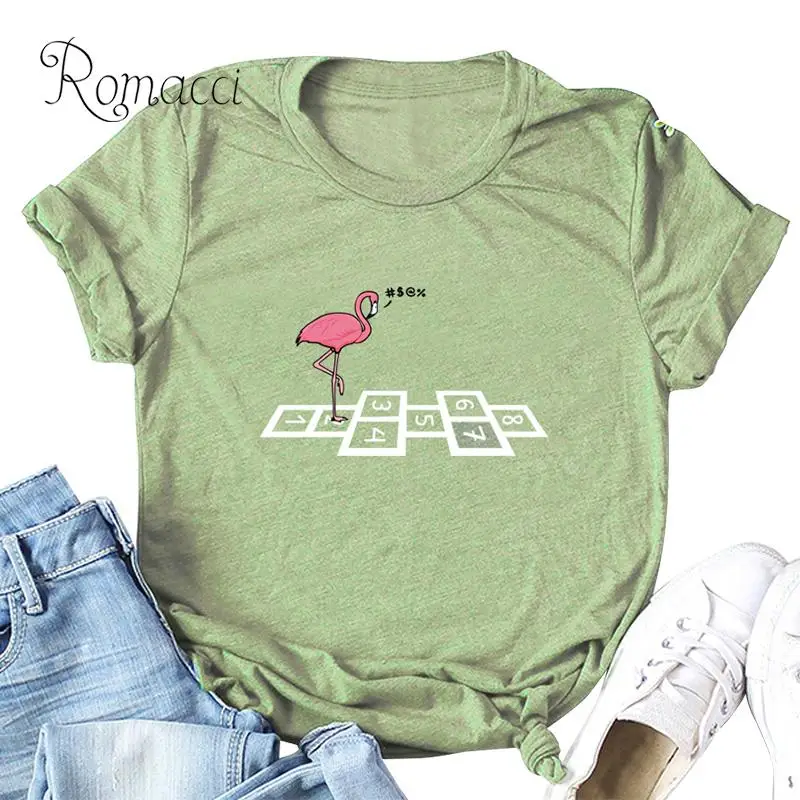Romacci, женская футболка, плюс размер, Мультяшные животные, птица, фламинго, цифры, принт, camiseta feminista, круглый вырез, забавная футболка с коротким рукавом