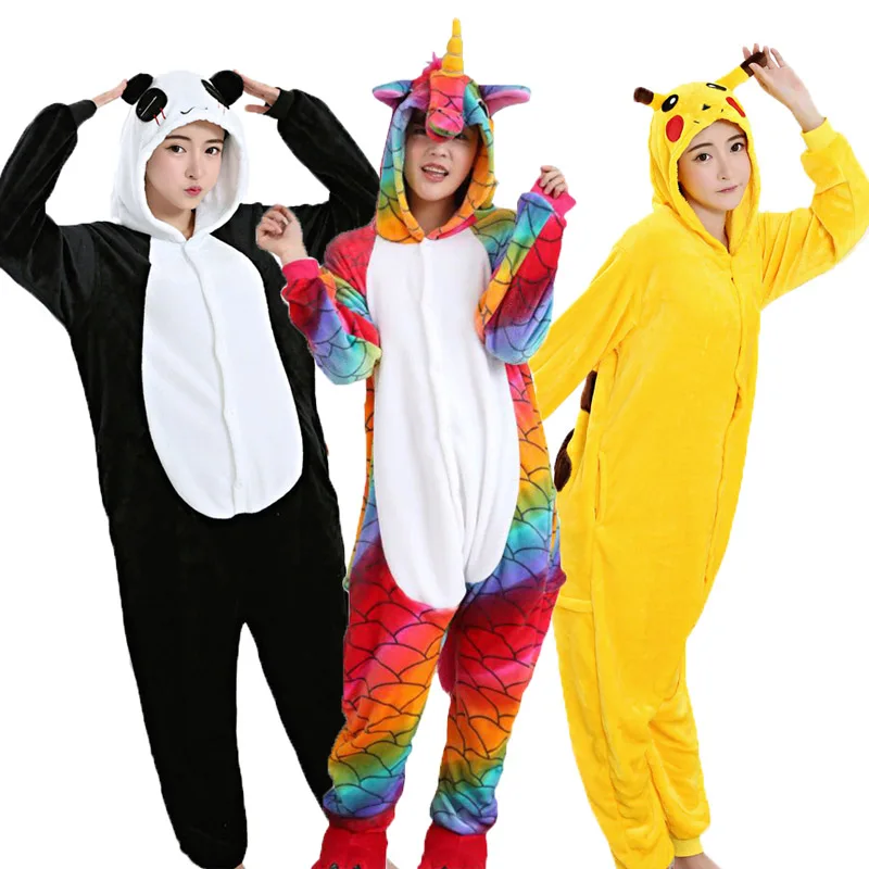 

women Animal Pajamas Adult Unicorn Pikachu Panda Stitch Pegasus Cartoon Cosplay Flannel Hooded Unisex Pijamas Costume Onesies