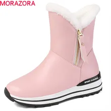 MORAZORA/ г., новейшие зимние ботинки женские Теплые ботильоны обувь на плоской платформе с круглым носком на молнии женские зимние ботинки черного цвета