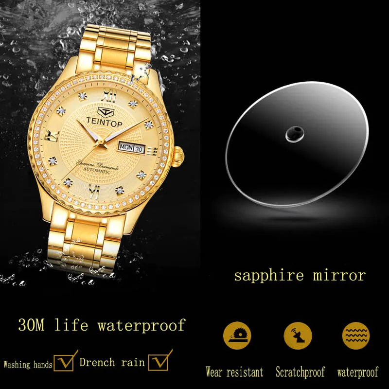 TEINTOP модные автоматические женские часы, золотые полностью стальные механические часы с бриллиантами, женское платье, relojes femeninos