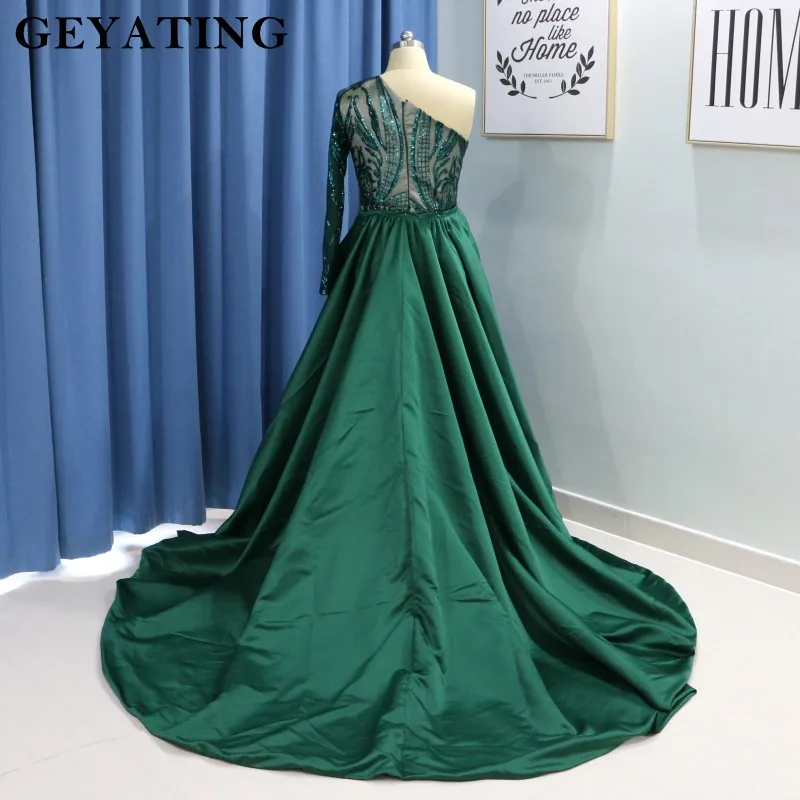 Emerald Green Mermaid Evening Dress Long Sleeve Detachable Train Muslim Prom Dresses 2019 Arabia Glitter Formal Party Gowns