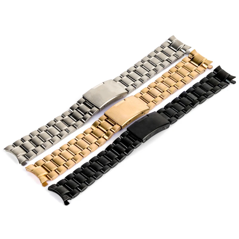 18/20/22/24mm Curved End Watch Band Unisex Stainless Steel Metal Wristwatch Strap Double Fold Deployment Clasp Bracelet 3 Colors