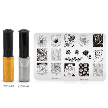 

2PCS Nail Stamping Plates+Gold Silver Nail Polish Flower Pattern Nail Stamp Image Plate Beauty Design Stamping Template Set