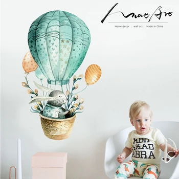 

Cartoon wall sticker kids room decoration Rabbit hot air balloon home decor nordic style Watercolor painting Baby room diy art