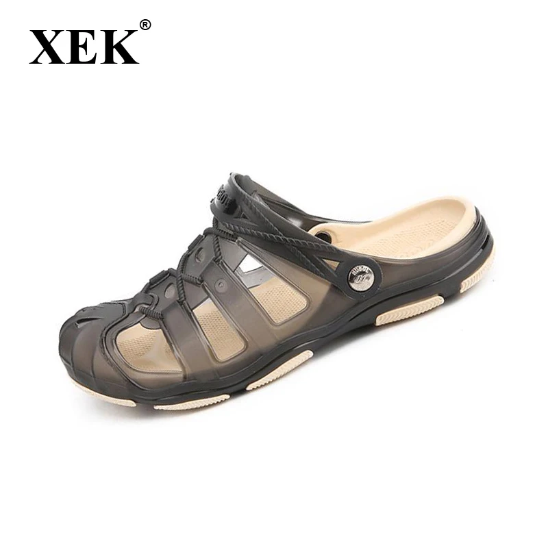 

XEK 2018 Men's Sandals Summer half Slippers Fashion Man Casual High quality Soft Beach Shoes Flat Axoid Jelly sandals ST272