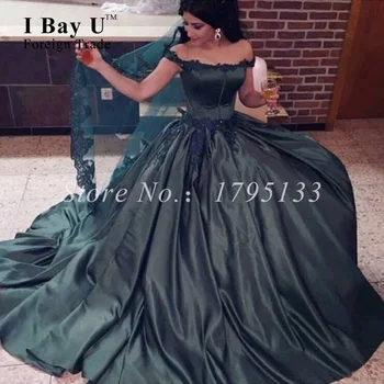 

Arabic Evening Gowns Dresses Satin Ball Gown Luxury Emerald Boat Neckline Lace Appliqued Formal Evening Gowns Vestido De Noche
