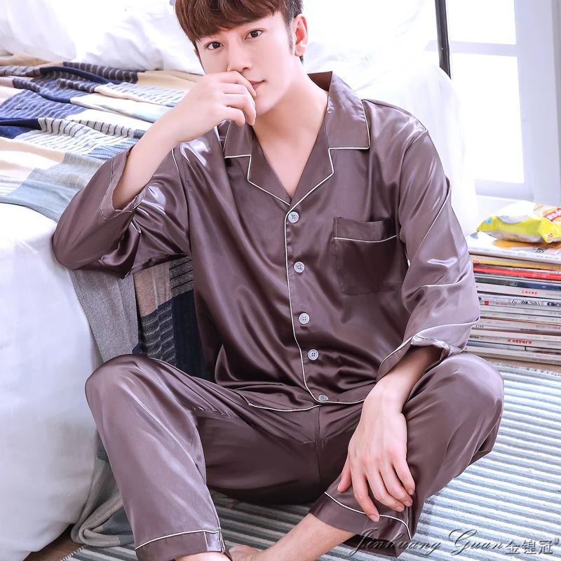 Мужская Ночная рубашка с длинными рукавами, мягкая китайская шелковая пижама, комплект из 2 предметов, весенне-летняя мужская пижама, мужские атласные пижамы - Цвет: 3