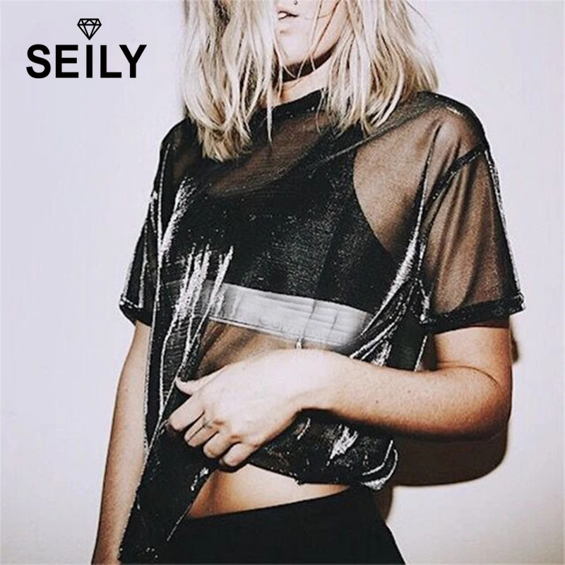 Seily Women's Holographic Mesh Sheer Short Sleeve Top - Sexy Transparent Shiny Club Punk Tee Shirt for Summer image 5