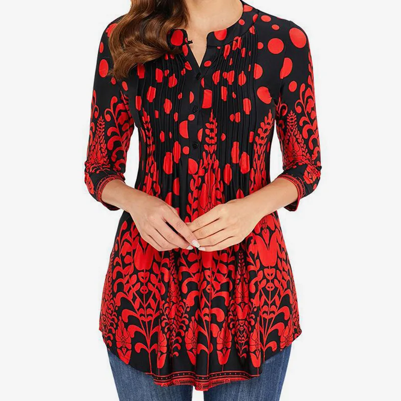 Print Pleated Boho O Neck Women Shirts 2018 Autumn Bohemian Button Plus Size Female Tunic Blouses Woman Slim 5XL Casual Shirt