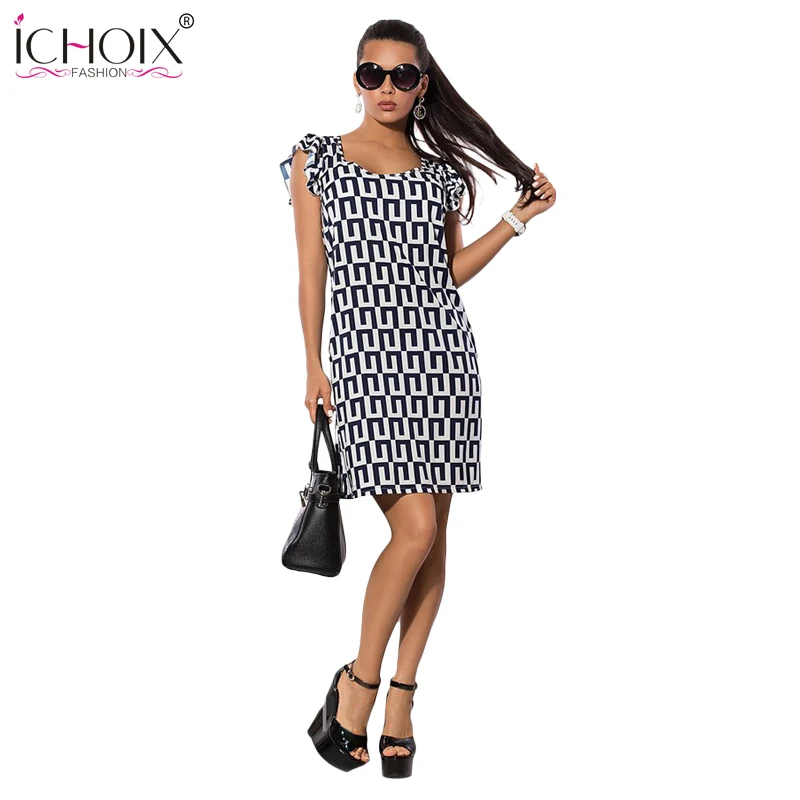 

ICHOIX 2019 Summer New Women Geometric Print Plus Size Dress Casual O-Neck Butterfuly Sleeve Ladies Dresses Fashion Vestidos