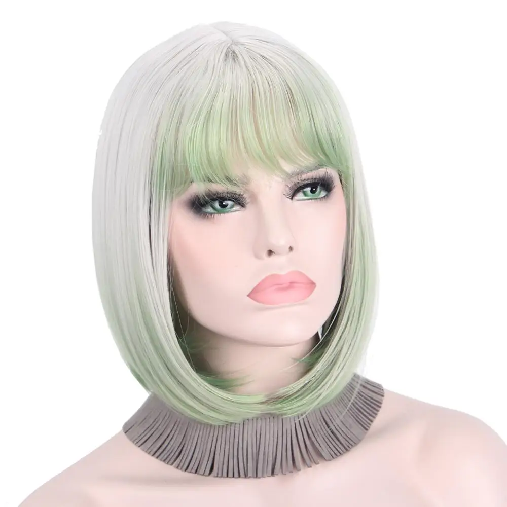 Short Ombre Wig Silver Gray Green Cosplay Wigs for Women