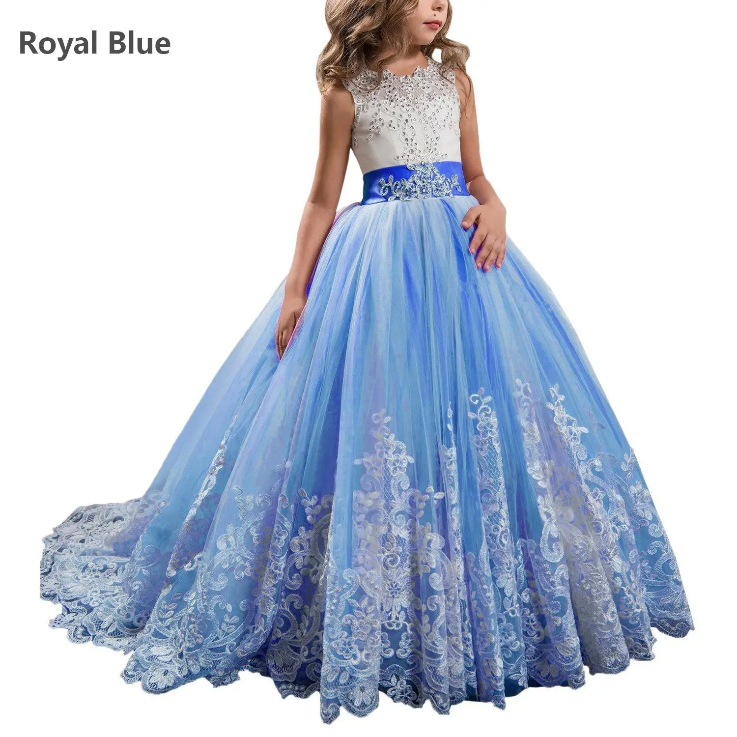 PRINCESS ROYAL BLUE FLOWER GIRL DRESS SATIN TAFFETA WEDDING FORMAL PAGEANT KIDS