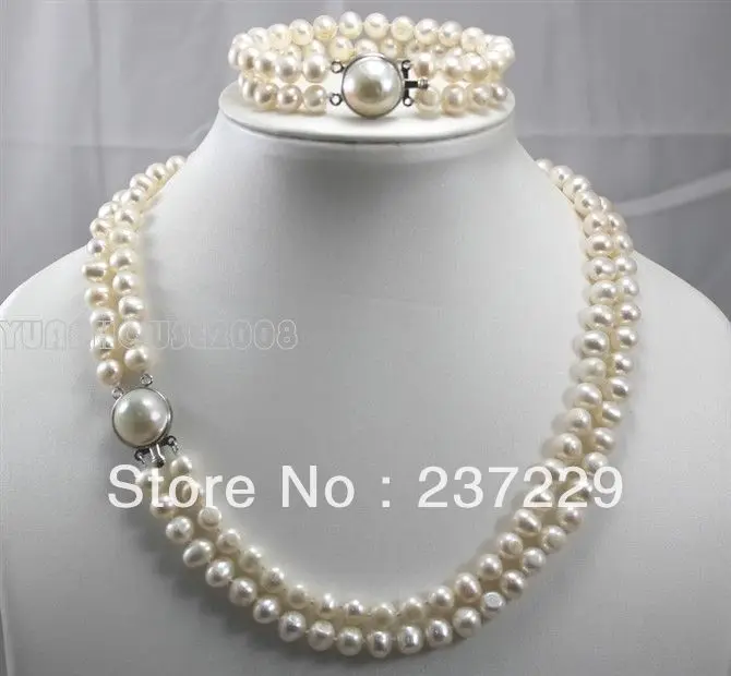 

Wholesale price FREE SHIPPING aSet 2 Strands 7-8mm Freshwater Pearl Mabe Clasp Necklace Bracelet