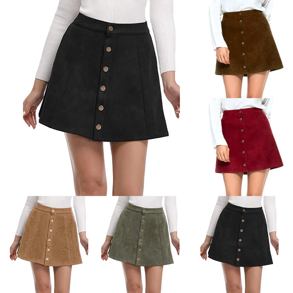 

Casual Empire Above Knee Skirts Women Solid Color Vintage Suedette Button High Waist Plain A-Line Short Mini Skirt trendyol #C