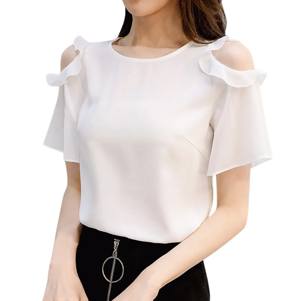 Women Chiffon Shirt 2019 Women Work Office Off Shoulder Ruffles Short Sleeve Solid Chiffon Plus Shirt Top