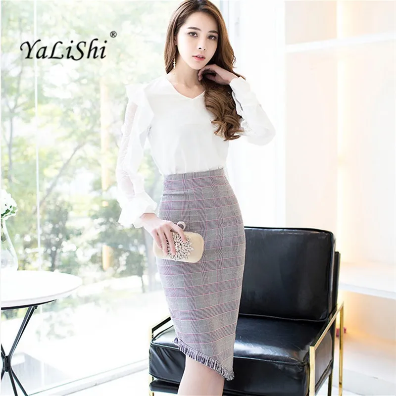 

2 Piece Set Women Suit 2018 New Spring Office White Shirt V-Neck Tops Blouse and Asymmetrical Skirt Crop Top and Skirts Vestidos