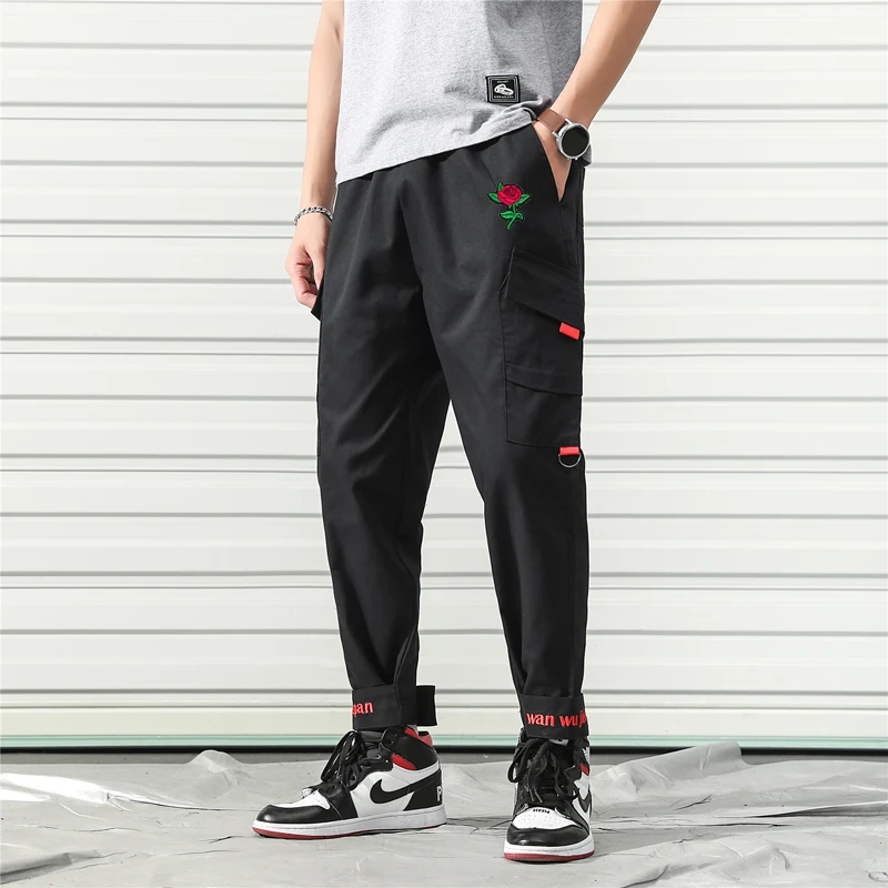 

Loose Fit Elastic Waist Cargo Pants Street Ankle Banded Pants Rose Embroidery Casual Pants Fashion Cargo Pants