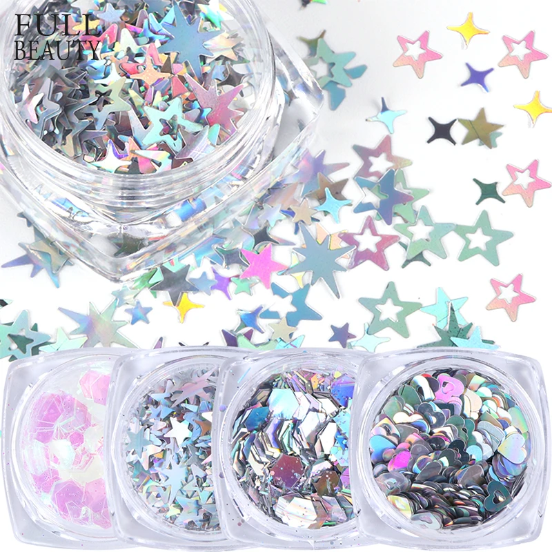 

4 Box Holographic Laser Glitter Flakes For Nail Art Silver Mix Star Heart Round Paillette DIY Nail Sequins Manicure Decor CHLH