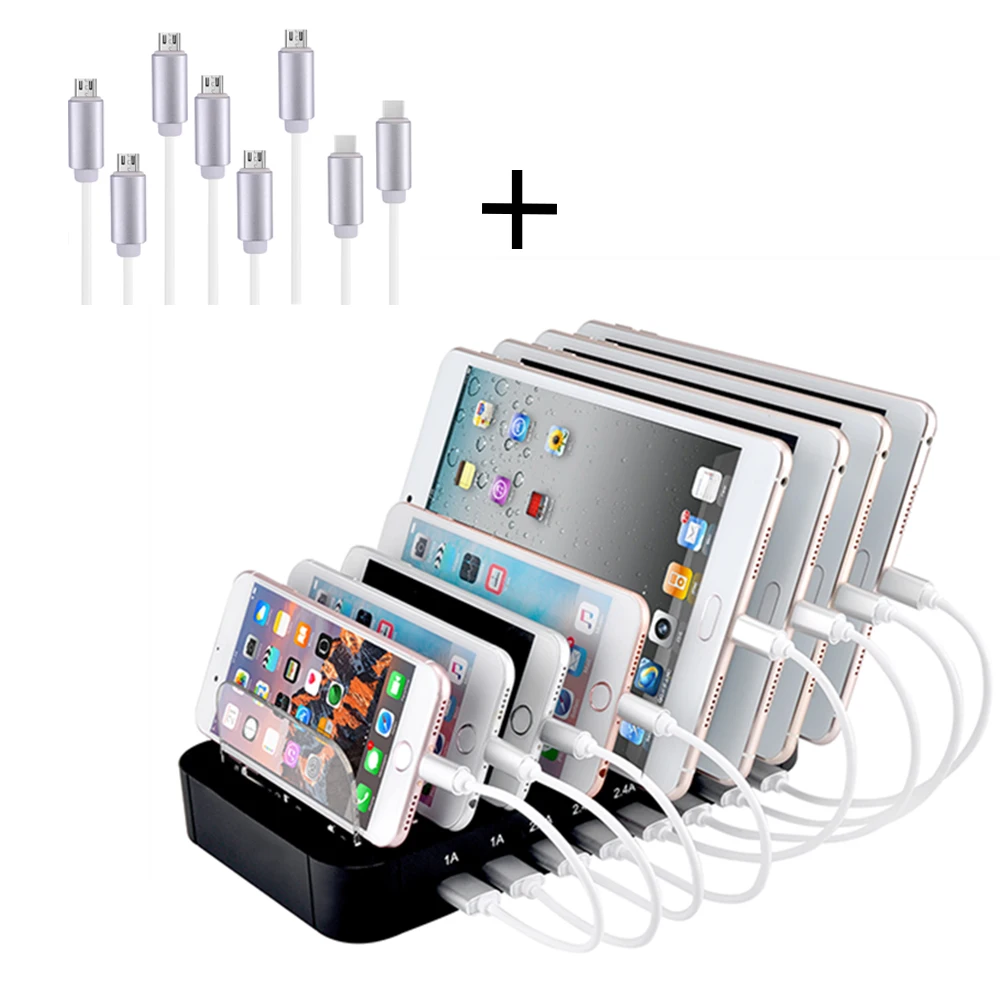 

8 USB Ports With Cables Mobile Phone Charger Travel Charging Station Dock Stand Holder Universal for Smart cell phone Tablet
