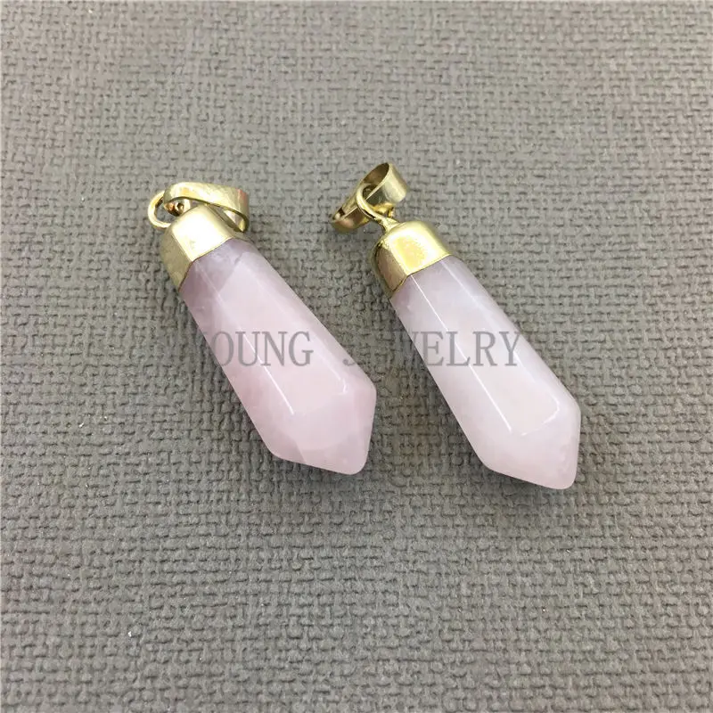 

MY0241 Pink Crystal Quartz Petite Spike Pendant Charm With Pure Gold Color layered Cap