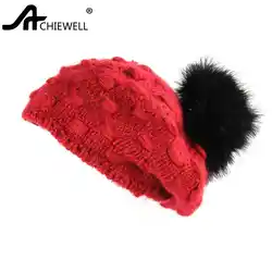 Achiewell зима Повседневное леди решетки Вязание шапка женская шляпа красный со съемной черный шар зимняя шапка