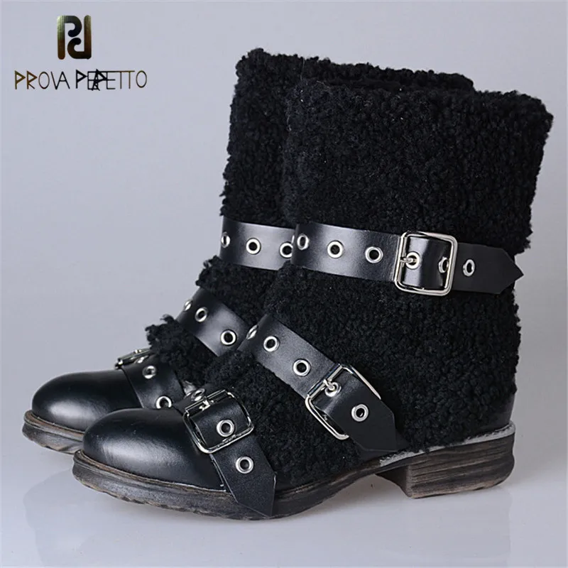 

Prova Perfetto European Style Top Quality with Wool Genuine Leather Snow Boots Thick Bottom Buckle Strap with Rivet Short Boots
