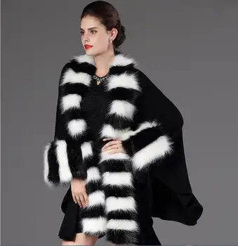 

2019 autumn and winter new large size loose imitation fox fur collar knit cardigan fashion temperament shawl cloak High Street
