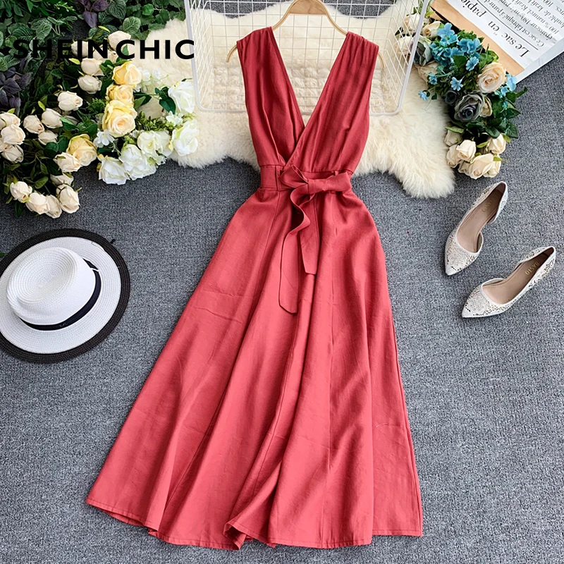 

Vintage Deep V Neck Women Midi Dress Elegant Black White A Line Dress With Belt Sleeveless High Waist Slim Female Retro Vestidos