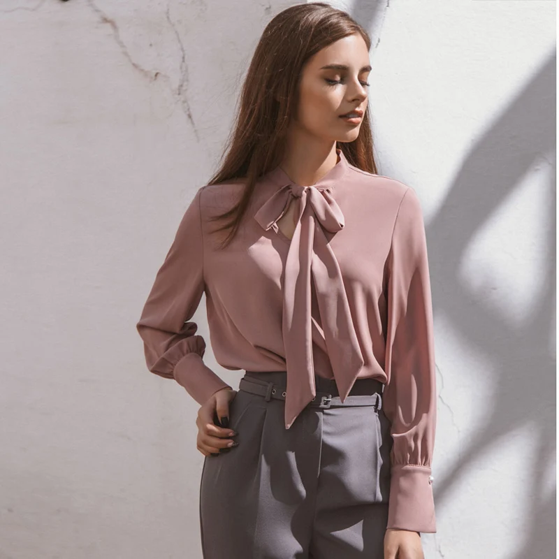 

Pink Elegant Bow Chiffon Blouse Women 2018 Autumn Winter Long Sleeve Womens Tops and Blouses Office Ladies Camisas Femininas