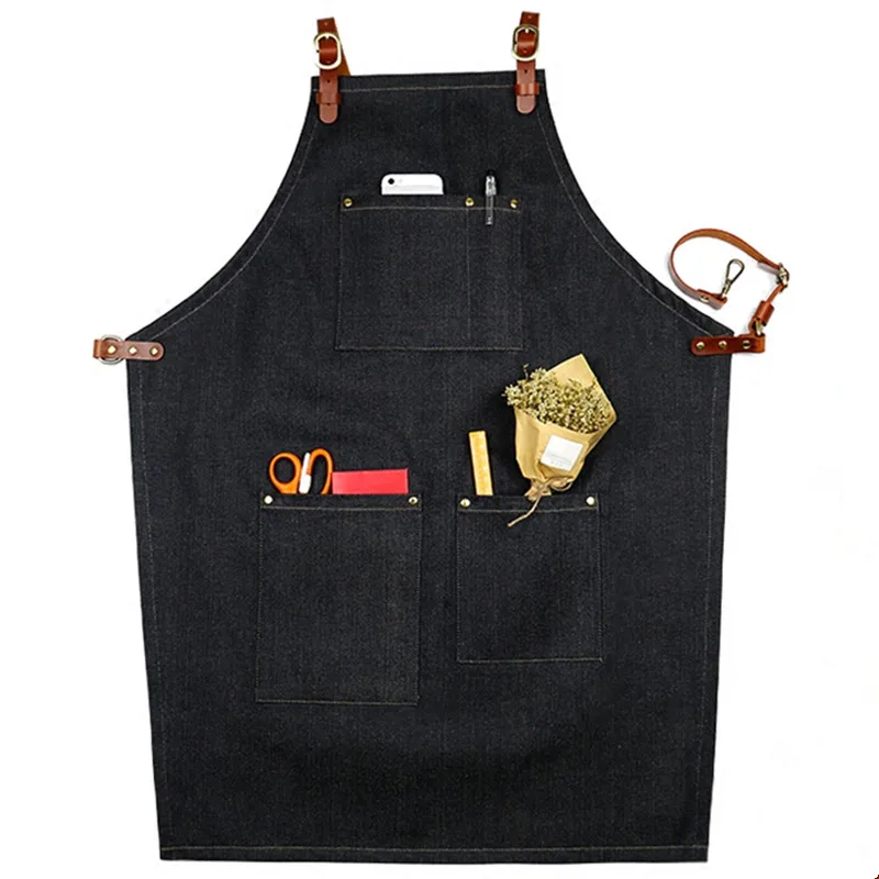 Black Denim Bib Apron Leather Strap Florist Barber Tattoo Artist