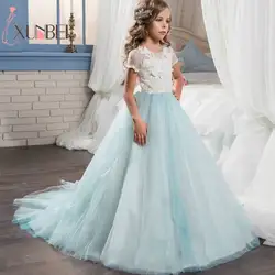 Длиной до пола принцесса свет небесно-голубое кружево платья для девочек с цветочным узором 2019 аппликация Пышное Платье первого причастия