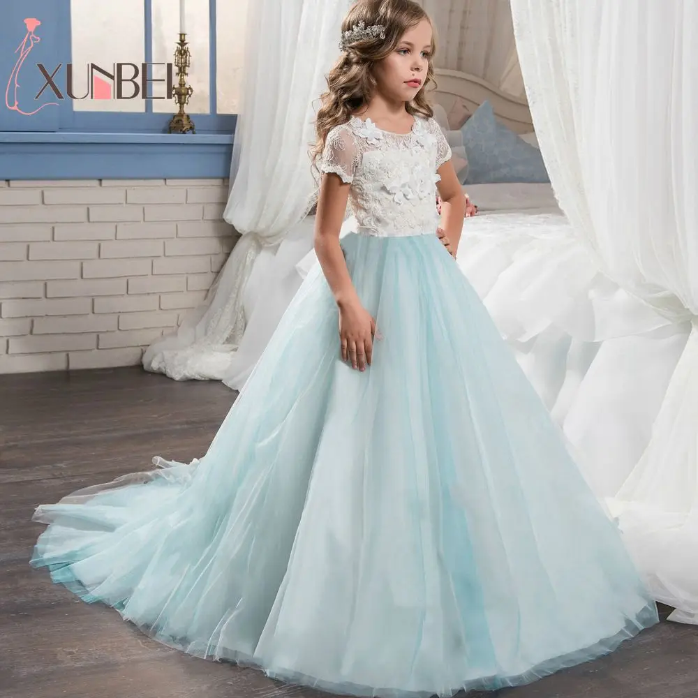 blue lace flower girl dress
