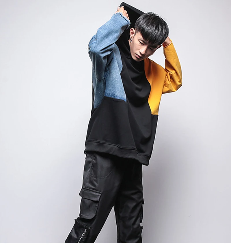 Patchwork Oversized Sweatshirt Men Fashion Long Hoodies Men  (14)