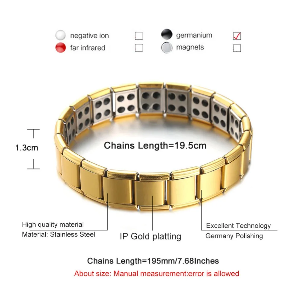 Золотой цвет эластичная цепочка из нержавеющей стали здоровье энергетический германиевый магнитные браслеты для женщин мужчин мужские браслеты ювелирные изделия