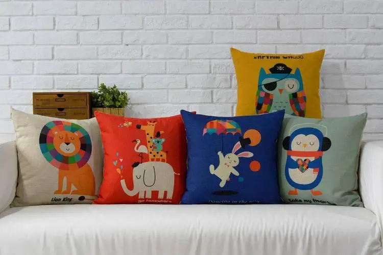 Lion pillow cover, cartoon animal owl rabbit lion elephant Giraffe Penguin throw pillow cushion cover pillowcase wholesale