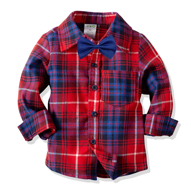 Classic Red Boys Plaid Shirt Spring Autumn Cotton Kids Boy Turn down