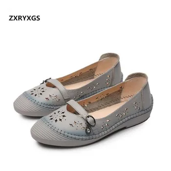 

2019 New Spring Summer Hollow Genuine Leather Shoes Flat Shallow Mouth Hole Soft Comfortable Fashion Casual Shoes Woman Flats Sh