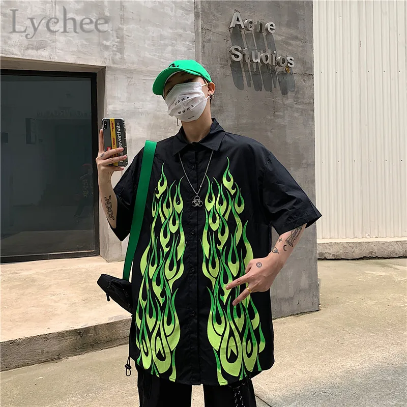 Lychee Harajuku женская блузка с принтом пламени рубашка отложным воротником короткий
