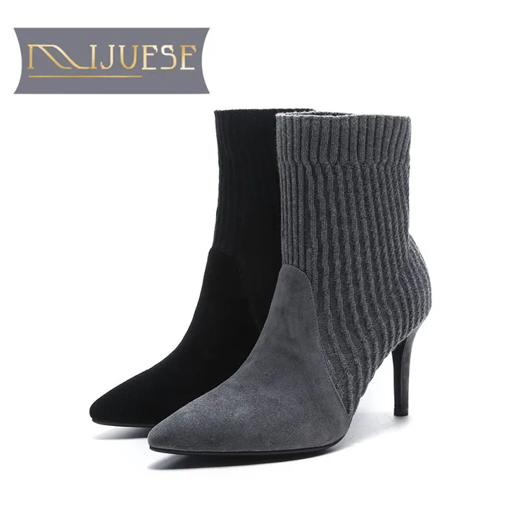 

MLJUESE 2019 women ankle boots Kid Suede Stretch fabric slip on pointed toe autumn boots high heels women boots party dress