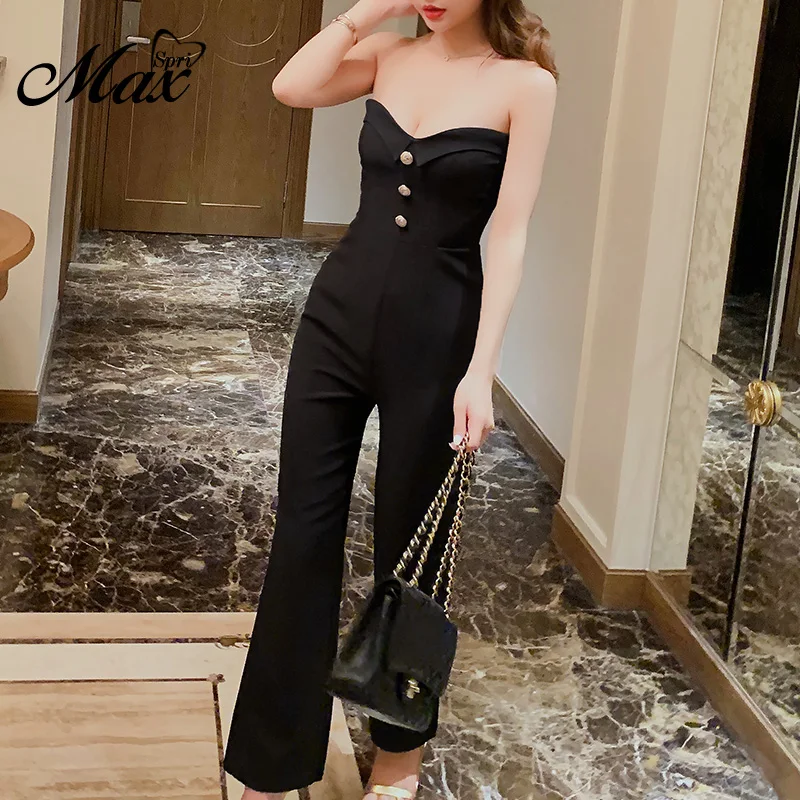 

Max Spri 2019 New Fashion Pantsuit For Women Solid Color Strapless Rivet Decor Full Length Boot Cut Pantsuit