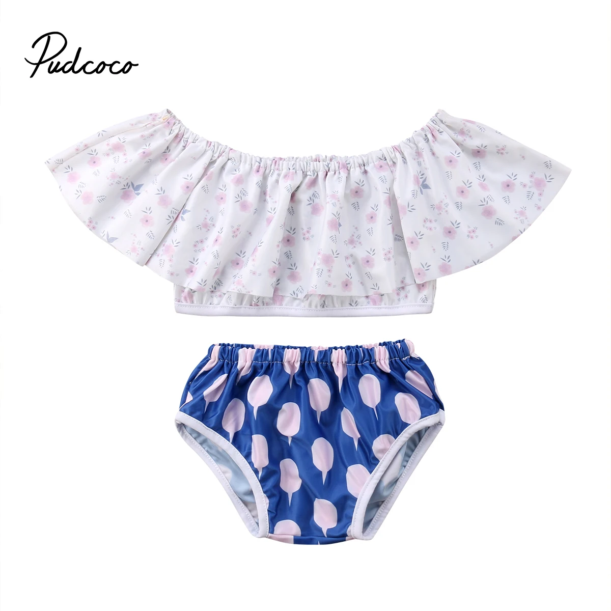 

2018 Brand New Infant Child Baby Girl Kids 2Pcs Set Floral Off-shoulder Crops Tops+Briefs Shorts Children Summer Clothing 2-7T