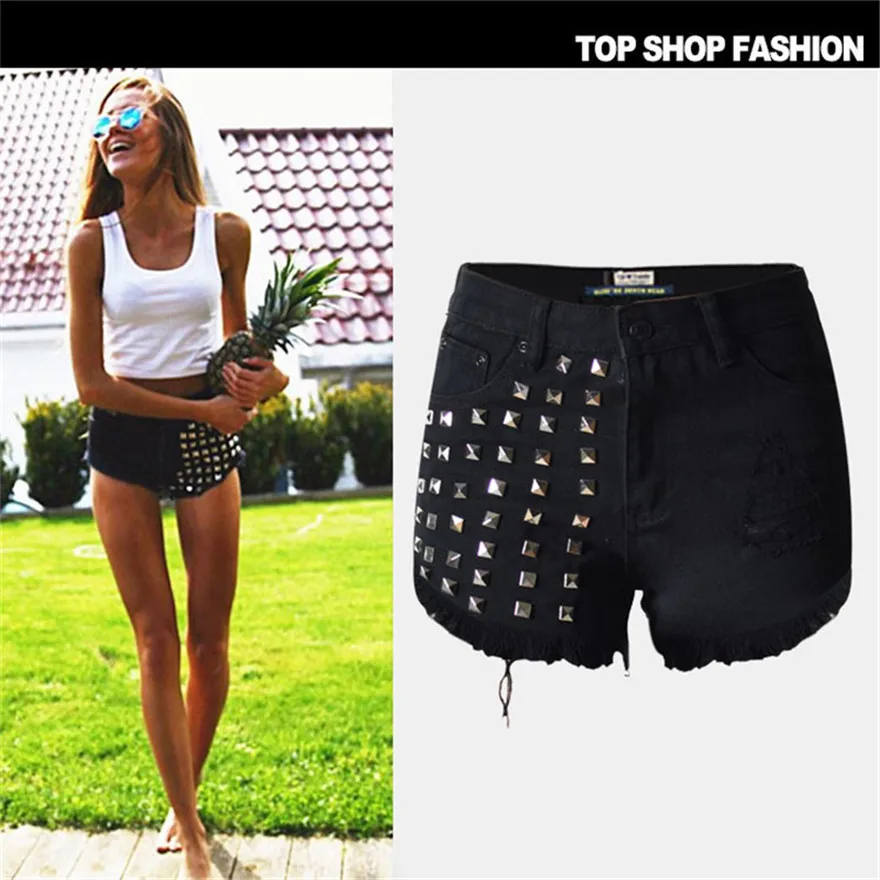 Hot Sale Summer Women High Waist Hole Jeans Shorts Woman Denim Shorts Vintage rivet tassel Sexy