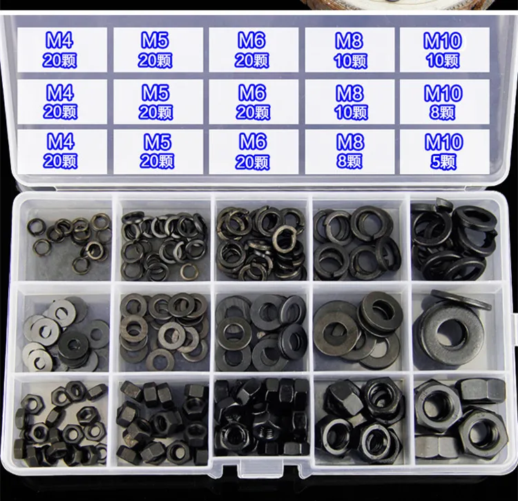 231 шт. Метрическая резьба M4 M5 M6 M8 M10 черный класс 8 Шестигранная гайка из углеродистой стали Шестигранная винтовая гайка плоские шайбы пружинные шайбы