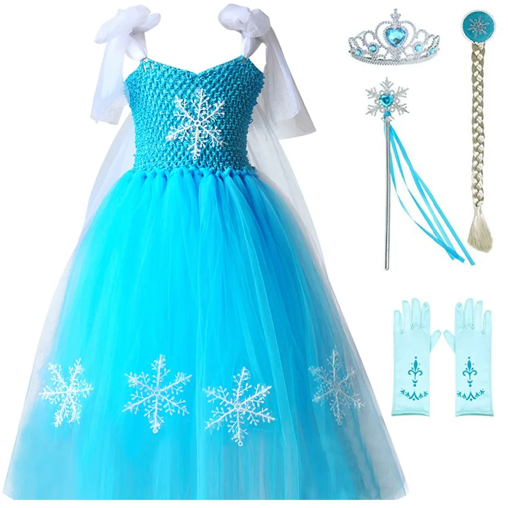 

Dresses Girls Princess Anna Elsa Cosplay Costume Kid's Party Dress Kids Girls Clothes Snowflake Ball Gown Blue